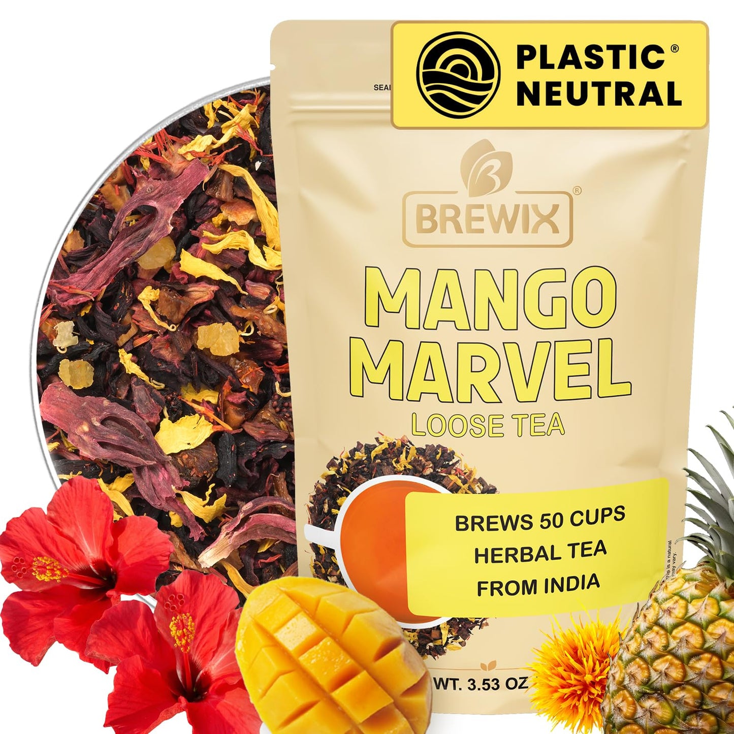 BREWIX, Mango Marvel Herbal Loose Leaf Tea (50+ Cups, 3.53oz/100g) | Caffeine-Free Fruit Tea with Hibiscus, Mango, Pineapple &amp; Strawberry | Antioxidant-Rich Tropical Tea, Hot or Iced, Resealable