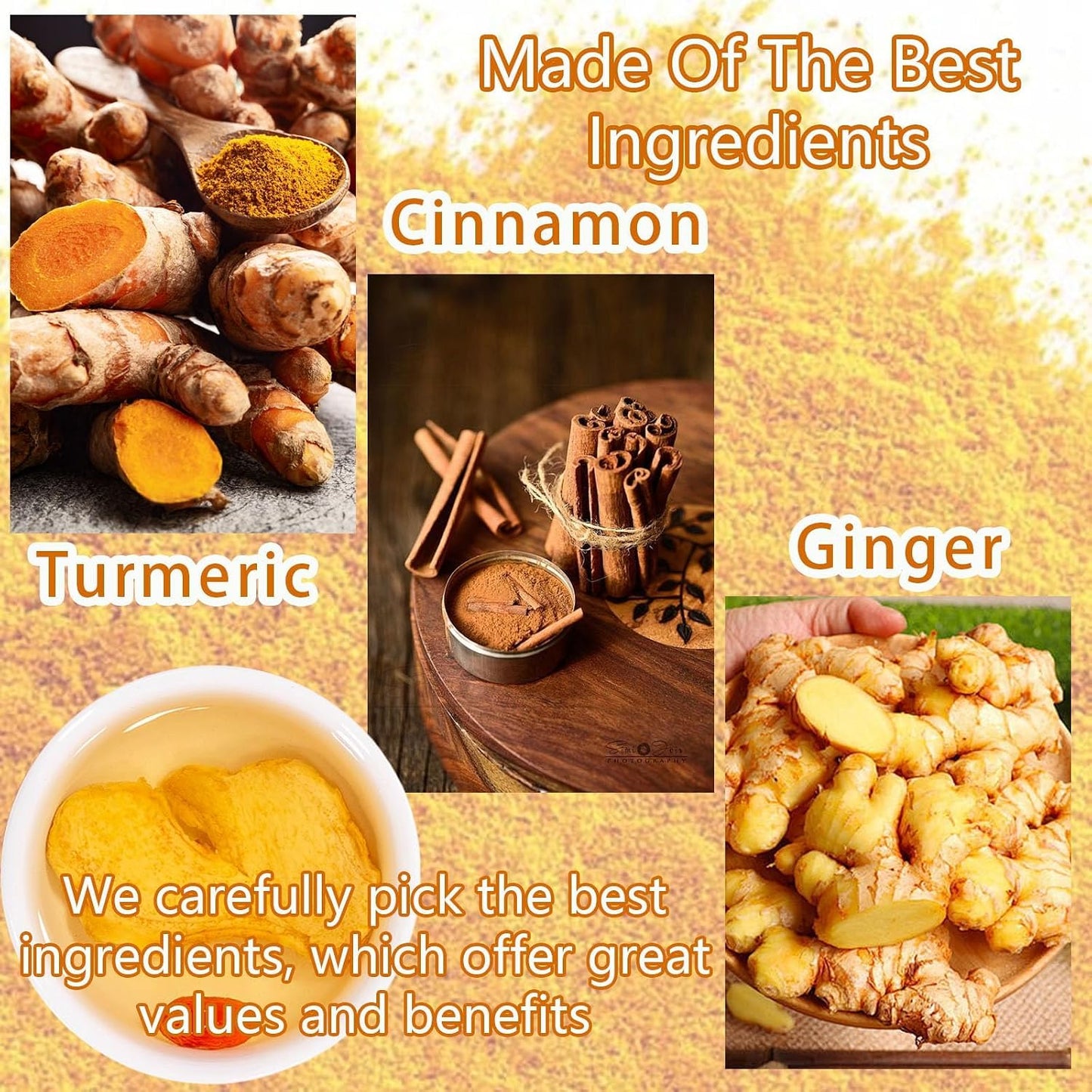 Turmeric and Ginger Powder Supplement - 60 Teabags 3 in 1 Turmeric Ginger Cinnamon Tea Bags, Curcuma Teas Bag Hand-made Blend, 100% Natural &amp; No Additives &amp; Caffeine Free, Improve Digestion, Support Brain, Weight, Skin and Sleep(60 Count)