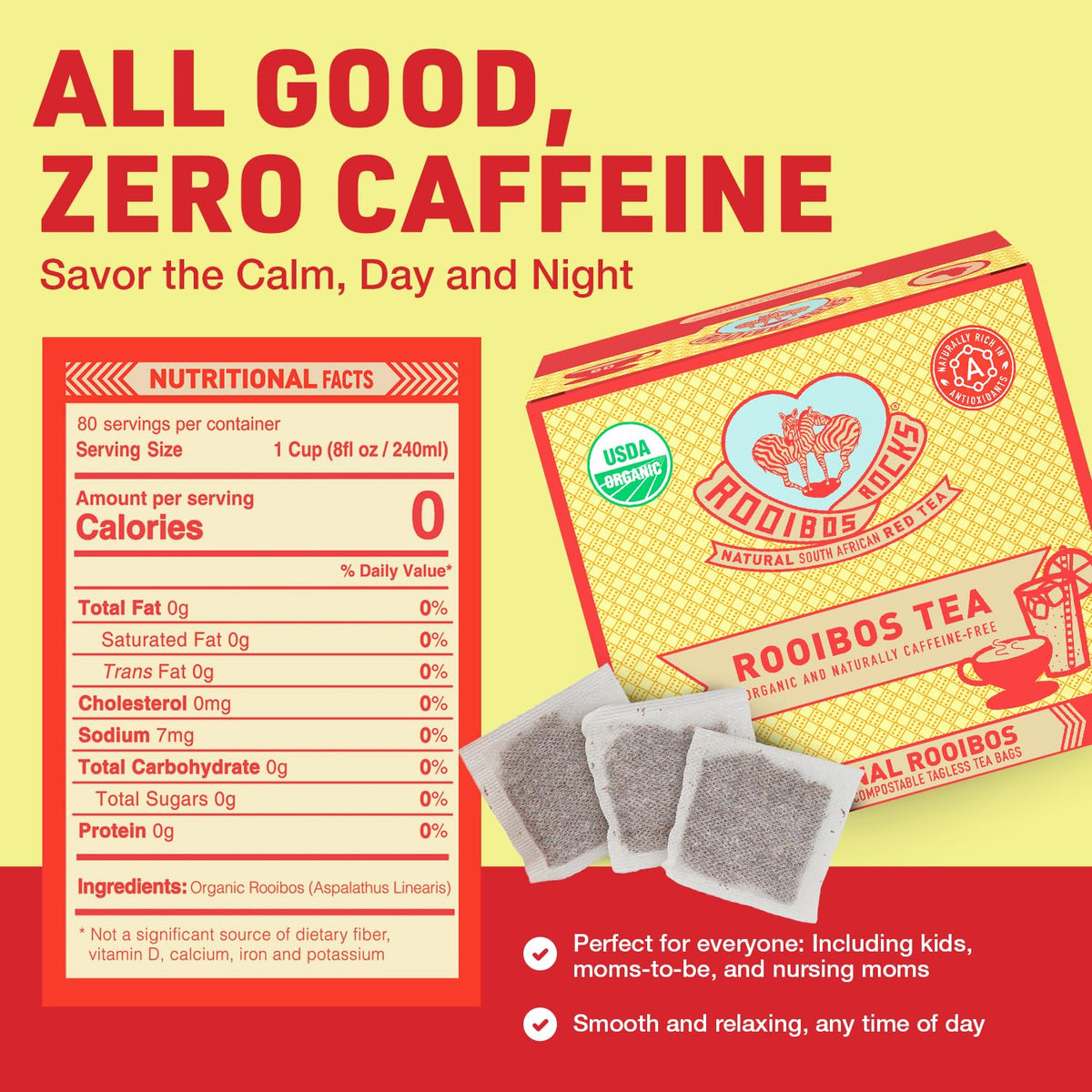 Rooibos Rocks Organic Rooibos Tea Bags - Caffeine-Free, 80 ct | USDA Organic • Microplastic-Free Tagless Pillow Tea Bags • Naturally Mildly Sweet Flavor • Hot or Iced