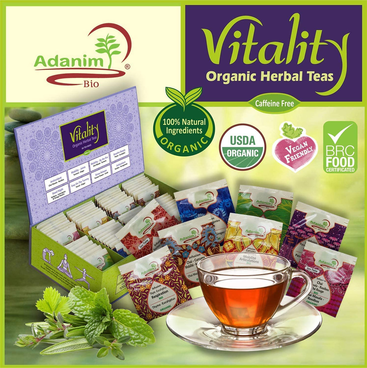 Adanim Bio Vitality Organic Herbal Tea Sampler Gift Box Caffeine Free 8 Unique Flavors for Tea Lovers 64 Individually Wrapped