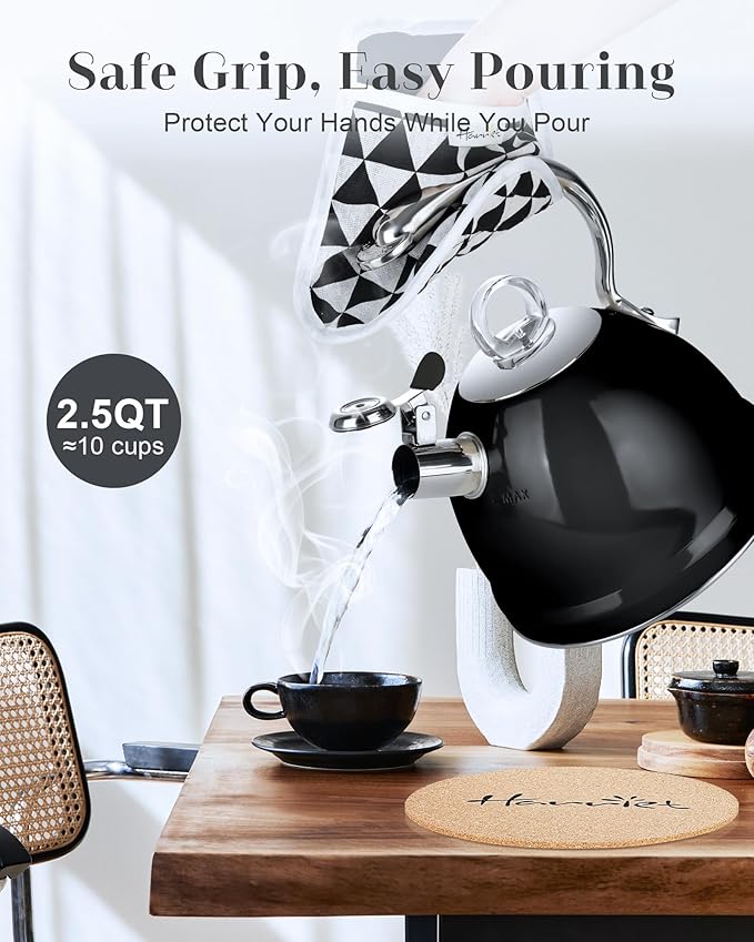Harriet Tea Kettle Stovetop, 2.5 QT Whistling Stainless Steel Teapot, 3-Layer Base, Unique Ergonomic Handle, Includes Pot Holder & Mat