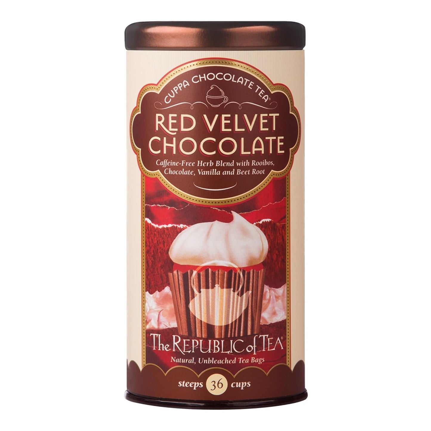The Republic of Tea Cuppa Chocolate Red Velvet Herbal Tea, 36 Count | Caffeine Free. Suitable for day or evening sipping. Mellow rooibos with notes of soft vanilla and cocoa richness.