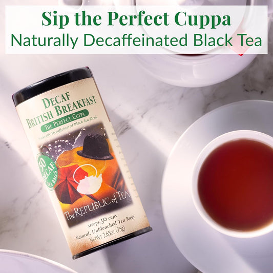 The Republic of Tea Decaf British Breakfast Black Tea, 50 Count | Suited to later-day sipping. Brisk and full-bodied with notes of warming ginger. Gluten Free and Kosher.