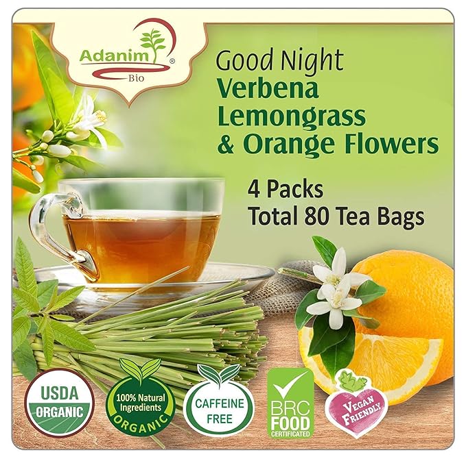 Adanim Bio Good Night Lemon Verbena Tea Lemongrass Herbal Tea Orange Flowers 1.5g x 80 Individually Wrapped Tea Bags Premium USDA Organic Caffeine Free Wellness Tea Relax Natural Ingredients for Sleep