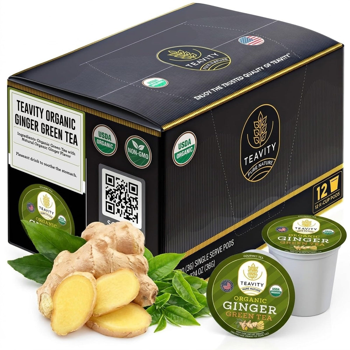 Teavity Organic Ginger Green Tea Pods, Keurig K-Cup Compatible, 12 Count