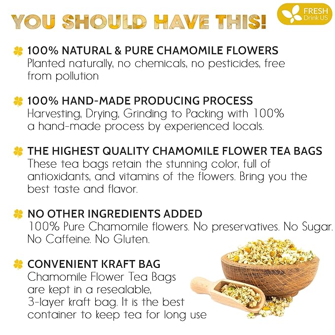 FRESHDRINKUS, Premium 135 Chamomile Tea Bags, 100% Natural and Pure Chamomile Flowers, Eco-conscious Tea Bags. Herbal Tea. No Sugar, No Caffeine, No Gluten, Vegan.