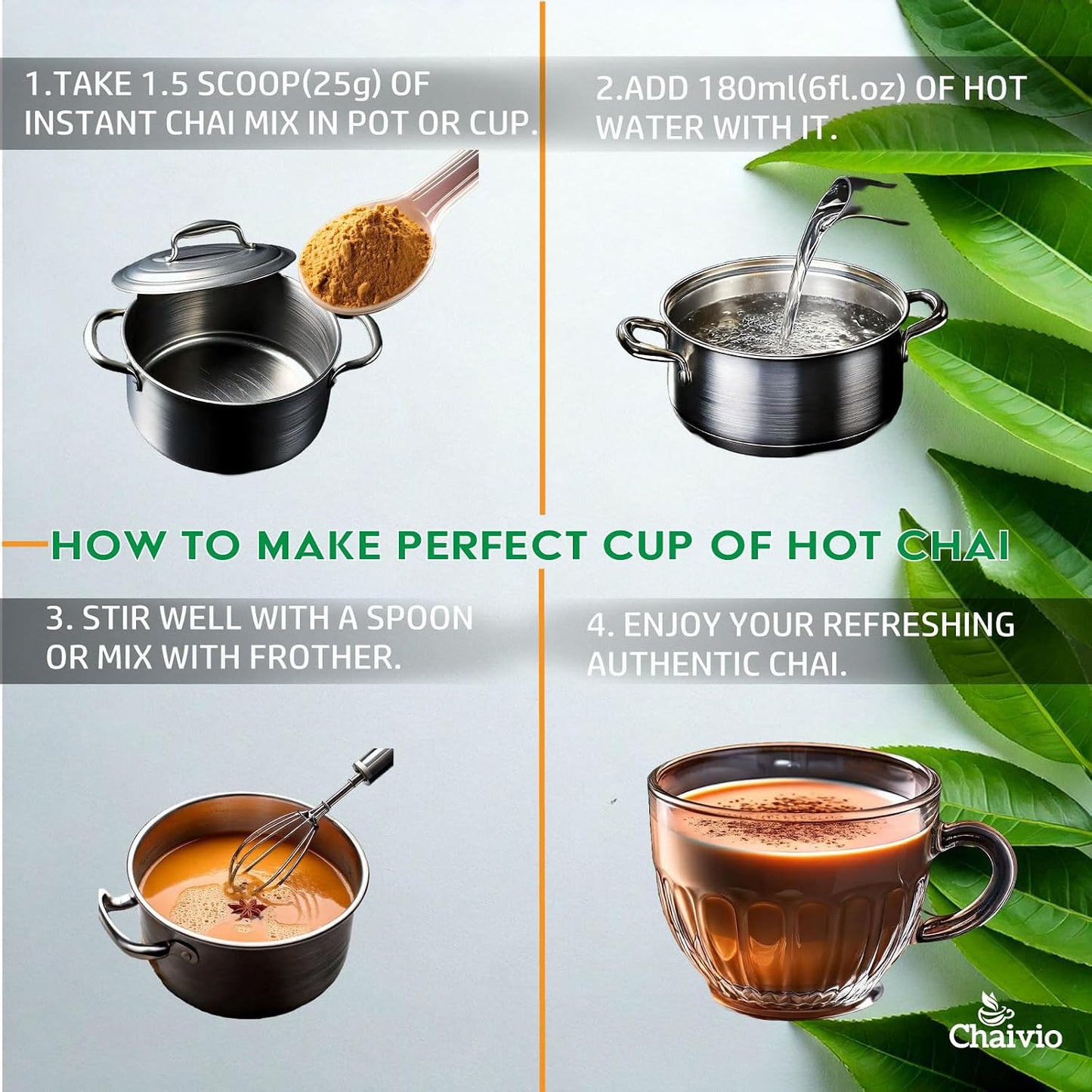 Chaivio Masala Chai Tea Latte, Unsweetened Instant Powder, Authentic Chai-with Natural Ingredients, No Preservatives, Tea Powder, Quick and Healthy Chai(1 lb)