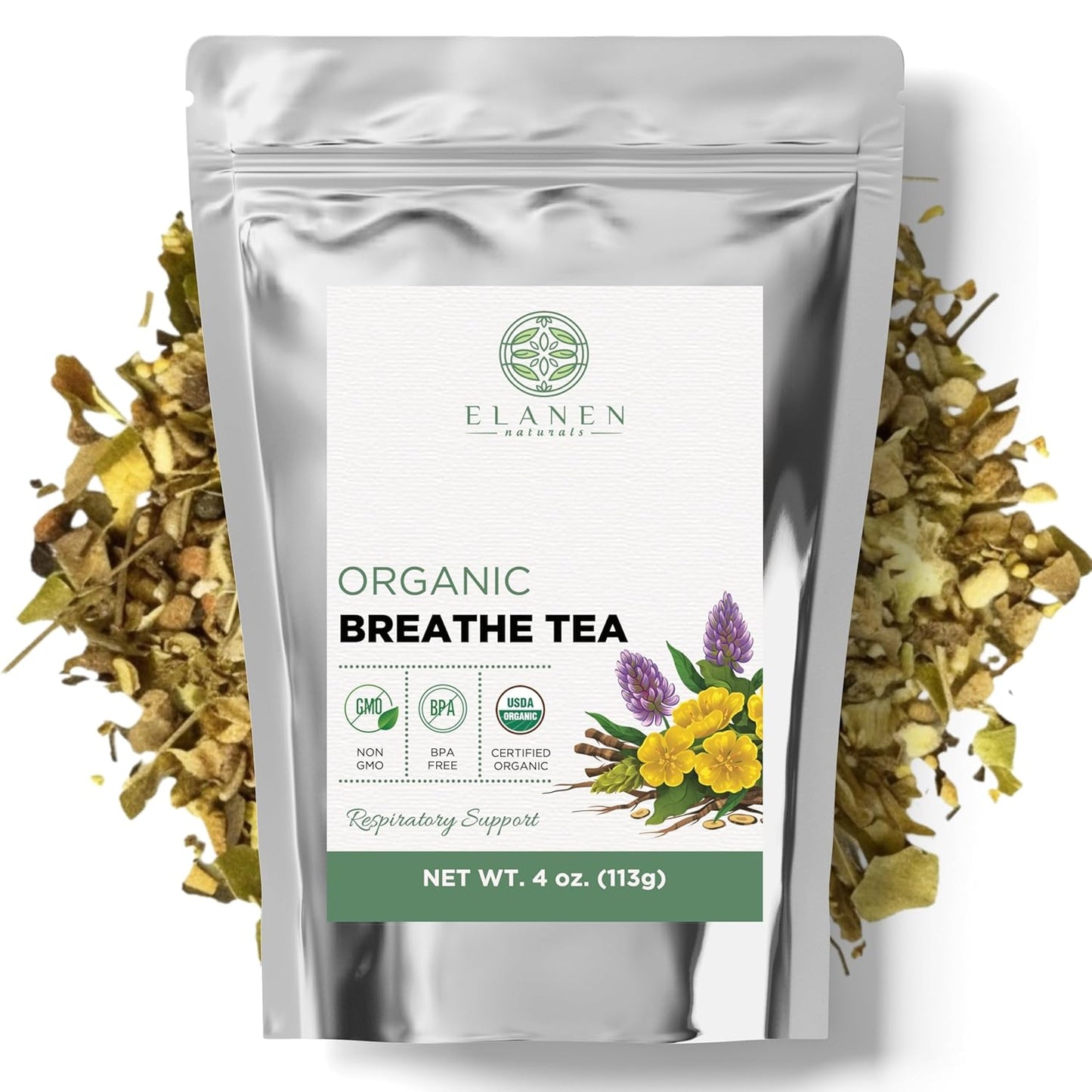 Elanen Naturals Organic Breathe Tea 4 oz. (113g), USDA Certified Organic Lung Tea for Bronchial Wellness and Smokers, Respiratory Blend, Gordo Lobo Herbs Loose Leaf, Mullein Detox Lungs, Cut & Sifted