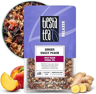 Tiesta Tea - Ginger Sweet Peach, Loose Leaf, Spicy Peach Herbal Tea, Non-Caffeinated Tranquility Blend, Bulk Herbal Leaves with Hibiscus & Cane Sugar, 25 Cups, 2.2 Ounce Resealable Pouch