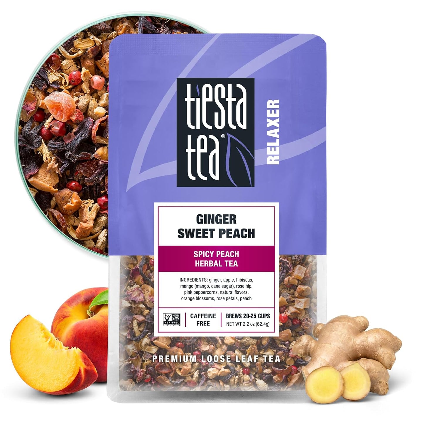 Tiesta Tea - Ginger Sweet Peach, Loose Leaf, Spicy Peach Herbal Tea | Non-Caffeinated Tranquility Blend, Bulk Herbal Leaves with Hibiscus &amp; Cane Sugar, 25 Cups, 2.2 Ounce Resealable Pouch