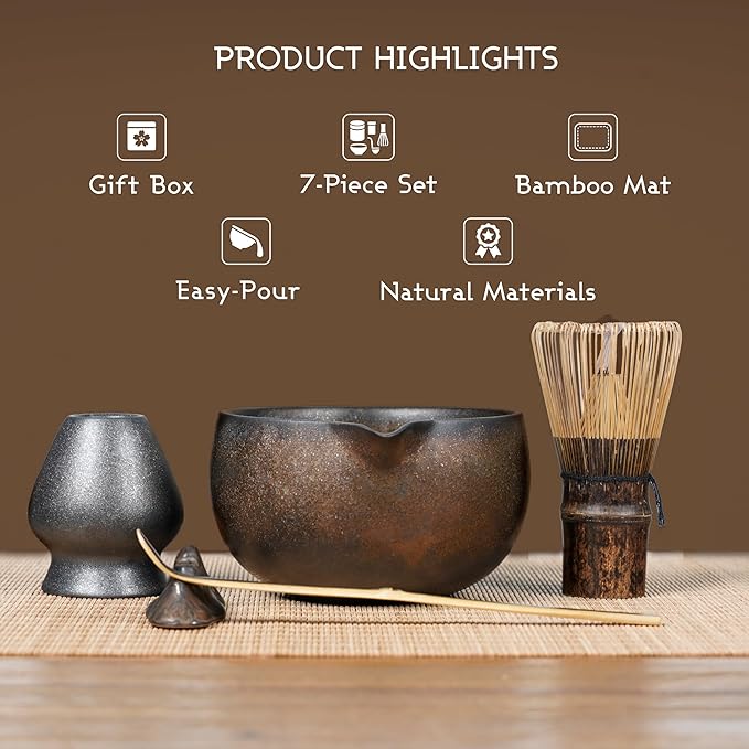 7-Piece Matcha Set with Ceramic Matcha Bowl, Bamboo Whisk (Chasen) & Holder, Sifter, Tea Scoop & Rest, Special Bamboo Tea Mat - Perfect Matcha Kit for Matcha Lovers & Gift Giving, Gilded