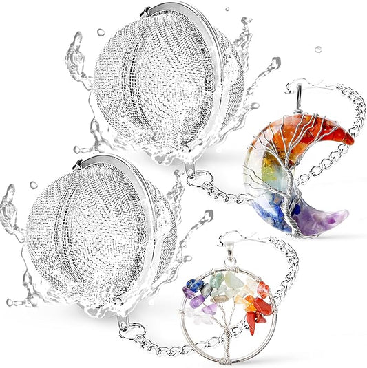 7 Chakra Healing Crystal Tea Infuser Set - Reiki Quartz Gemstone Wire Wrapped Crescent Moon & Tree of Life Pendants