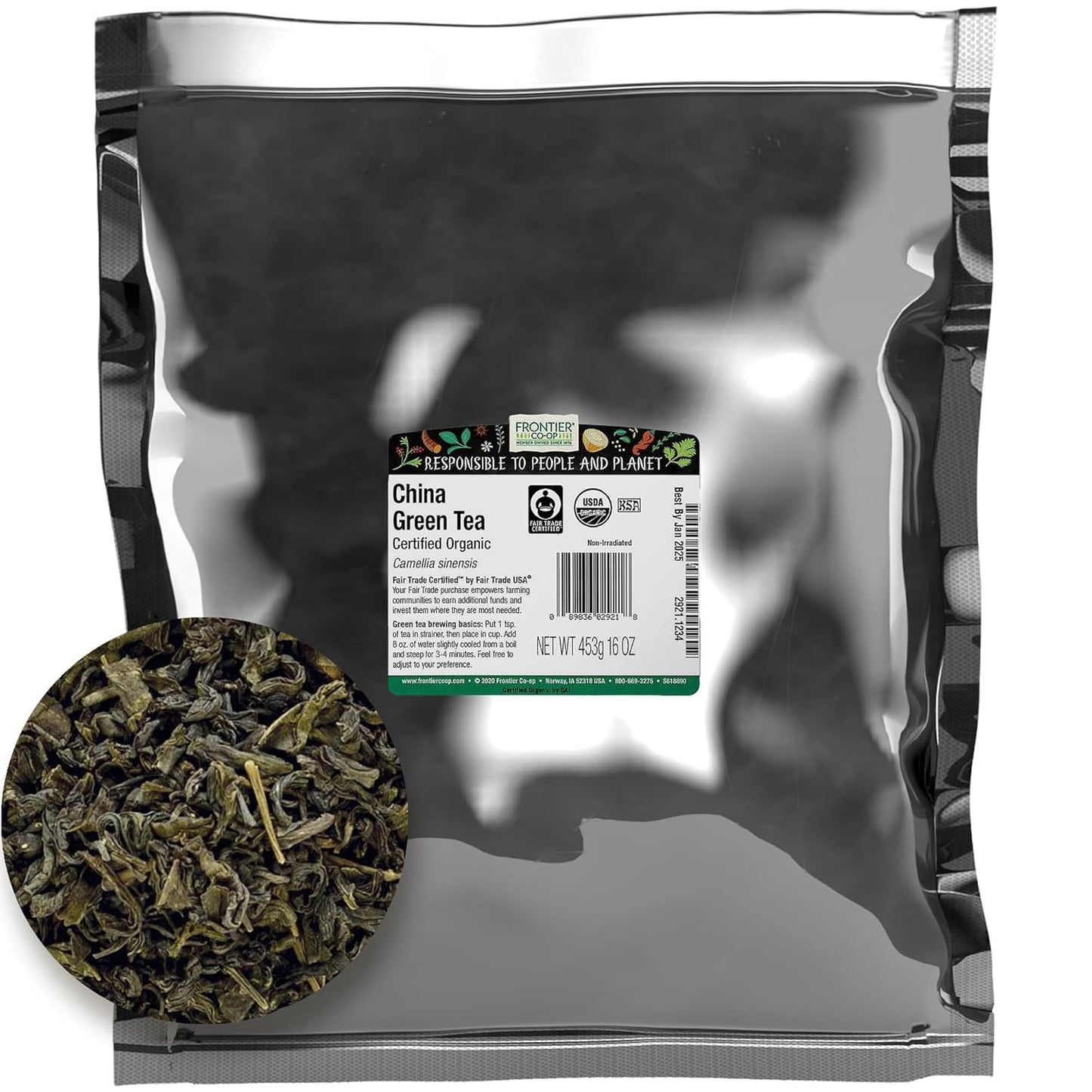 Frontier Co-op Organic Fairtrade China Green Tea, Bulk Bag - Chinese Green Tea Loose Leaf - Aromatic, Flavorful & Calming - Perfect for Tea & Culinary Uses | 16 Ounce (Pack of 1)