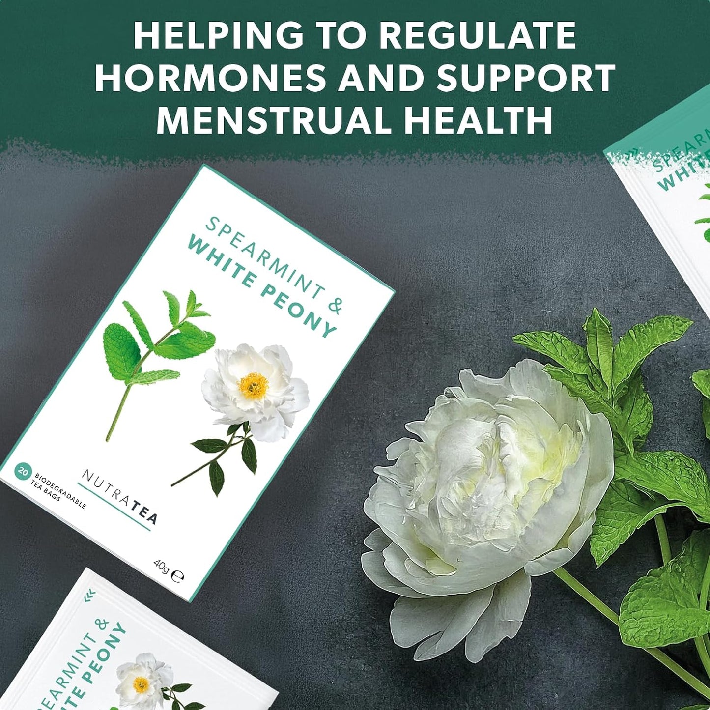 Nutra Tea - Spearmint &amp; White Peony – Spearmint Tea, PCOS Tea - For Digestion, Women's Health &amp; Acne - 20 Individually Wrapped Bags - Herbal Infusion (1 Pack)