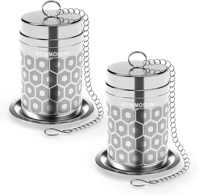 2 Pack Reinmoson Tea Strainers for Loose Tea, Extra Fine Mesh Tea Infuser, 304 Stainless Steel & Updated Slim Threaded Lid