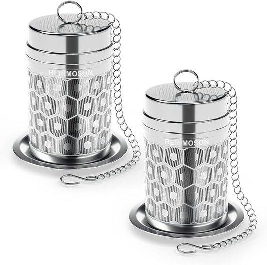 2 Pack Reinmoson Tea Strainers for Loose Tea, Extra Fine Mesh Tea Infuser, 304 Stainless Steel & Updated Slim Threaded Lid