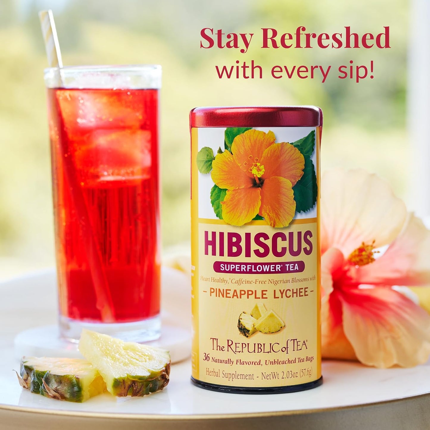 The Republic of Tea Pineapple Lychee Hibiscus Herbal Tea, 36 Count | Caffeine Free. Suitable for day or evening sipping. Bright and tart with notes of juicy fruit. Gluten Free and Carb Free.