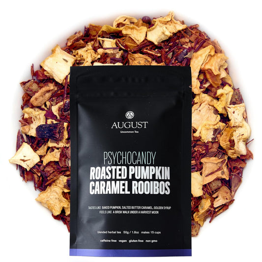 August Uncommon Psychocandy Roasted Pumpkin Caramel Rooibos Tea (1.75oz) | Vegan, Gluten-Free &amp; Non-GMO South African Rooibos Tea – Creamy Caramel Flavor for Bedtime – Resealable Pouch – 15-30 Cups