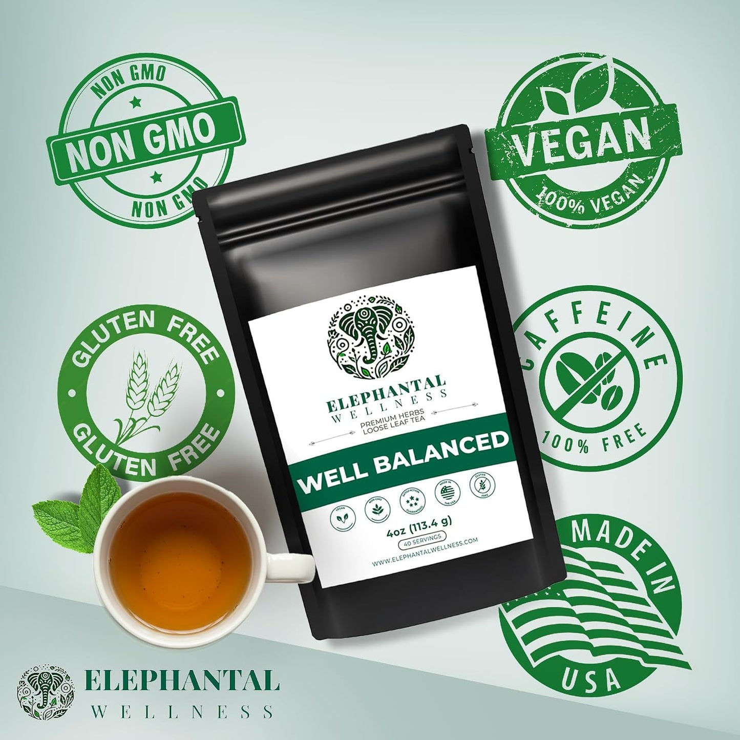 Elephantal Wellness Premium Well Balanced Herbal Tea | Healthy Cortisol, Adaptogenic Stress Energy Support with Ashwagandha, Goji, Reishi, Holy Basil &amp; Lion’s Mane, Caffeine-Free, Non-GMO, 4 oz