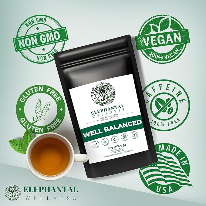 Elephantal Wellness Premium Well Balanced Herbal Tea, Healthy Cortisol, Adaptogenic Stress Energy Support with Ashwagandha, Goji, Reishi