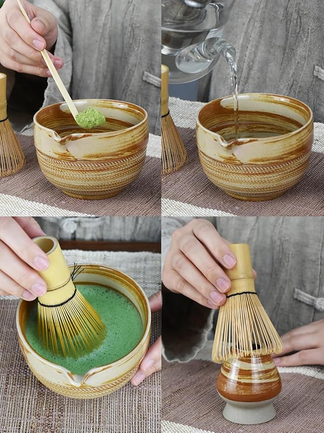 Matcha Tea Set – 4 Piece Traditional Japanese Matcha Kit with Beige & Brown Ceramic Spout Bowl, Whisk, Holder, Scoop & Guide