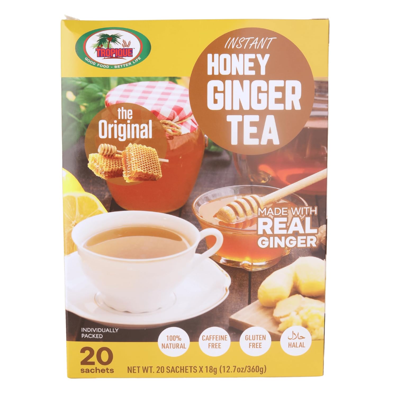 Ginger Tea with Honey – Original Flavor – Instant Herbal Ginger Drink – 20 Sachets – Tropique
