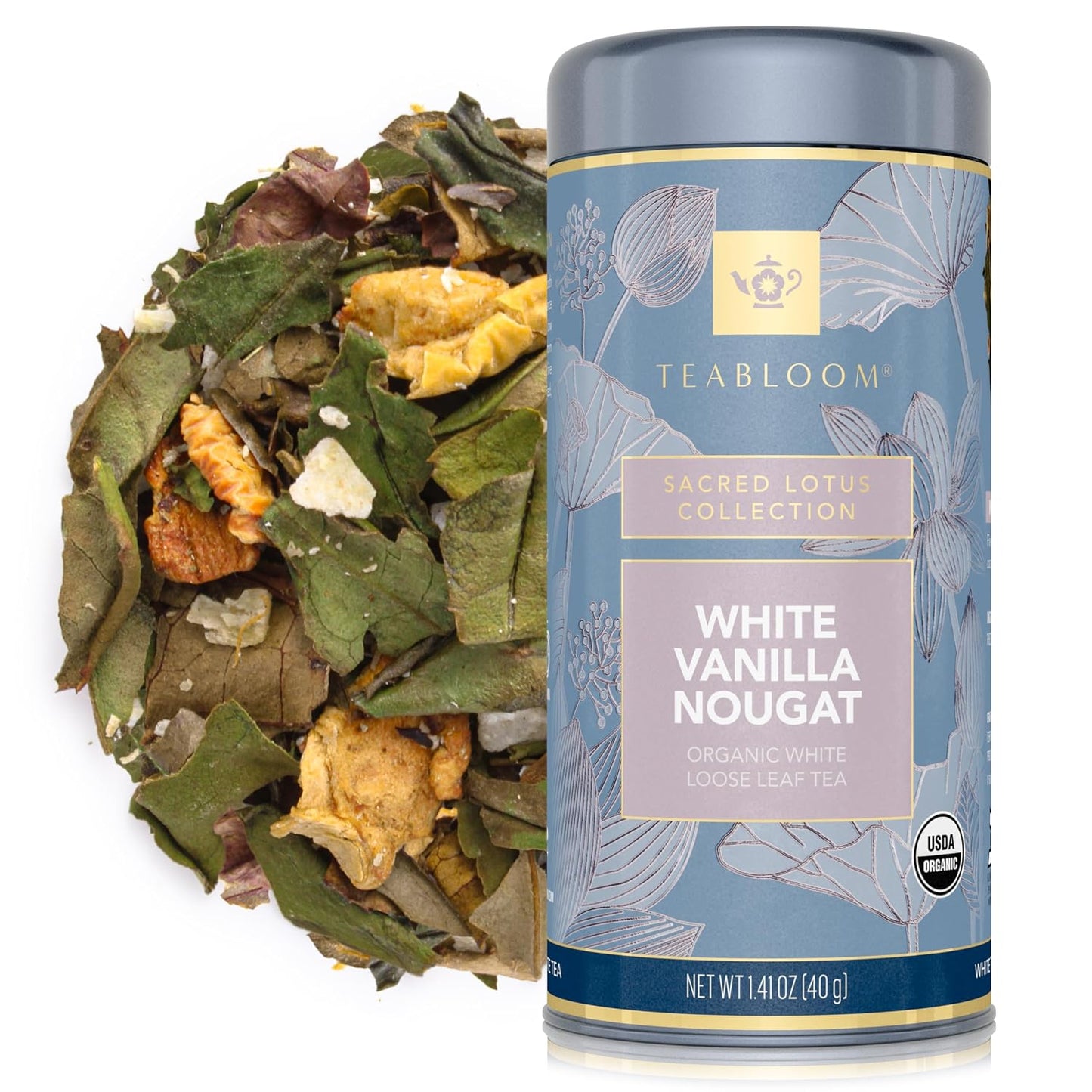 Teabloom Organic White Tea, White Vanilla Nougat Loose Leaf Tea, Sweet and Satisfying with Vanilla and Coconut, USDA Certified Organic and Kosher Certified, 1.41 oz/40 g Canister Makes 35-50 Cups