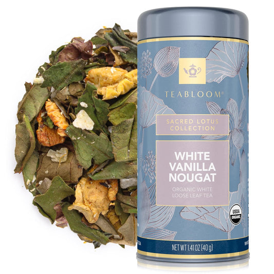Teabloom Organic White Tea, White Vanilla Nougat Loose Leaf Tea, Sweet and Satisfying with Vanilla and Coconut, USDA Certified Organic and Kosher Certified, 1.41 oz/40 g Canister Makes 35-50 Cups