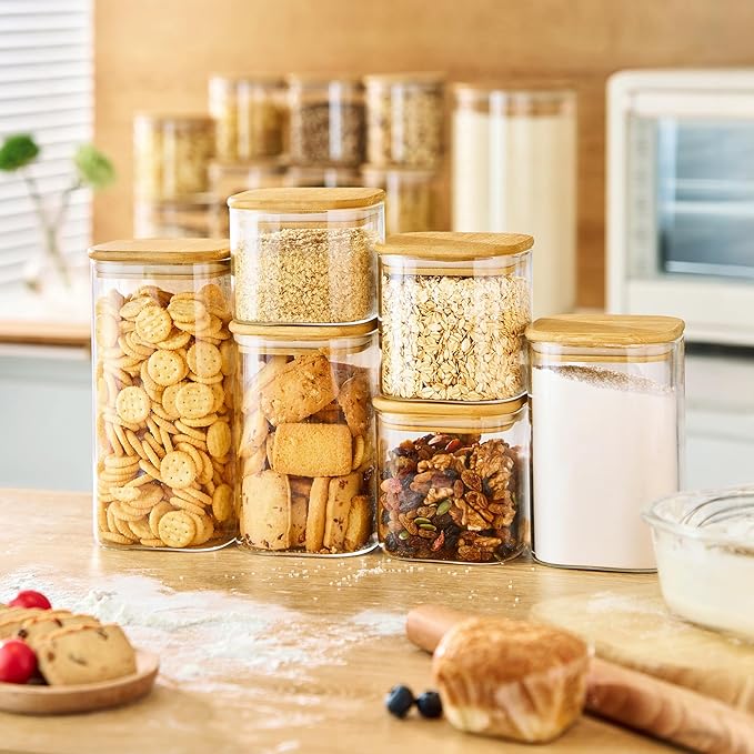 27oz - 4 Pack Square Glass Jars with Bamboo Lids, Glass Food Storage Containers with Airtight Lids for Kitchen