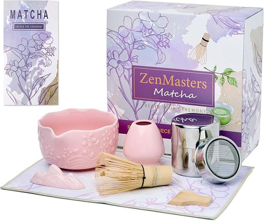 ZenMasters Pink Matcha Set – Premium 7-Pc Matcha Starter Kit w/Ceramic Pour Bowl, Stainless Sifter Canister, Bamboo Whisk & Scoop, Holder & Tea Towel – Modern Aesthetic Gift Set