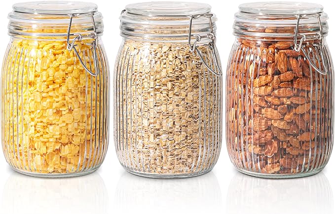 ComSaf Airtight Glass jar with lid 34oz Set of 3, Glass Storage Containers with Lids, Glass Canisters, Striped Clip Fastening Jar for Kitchen Canning