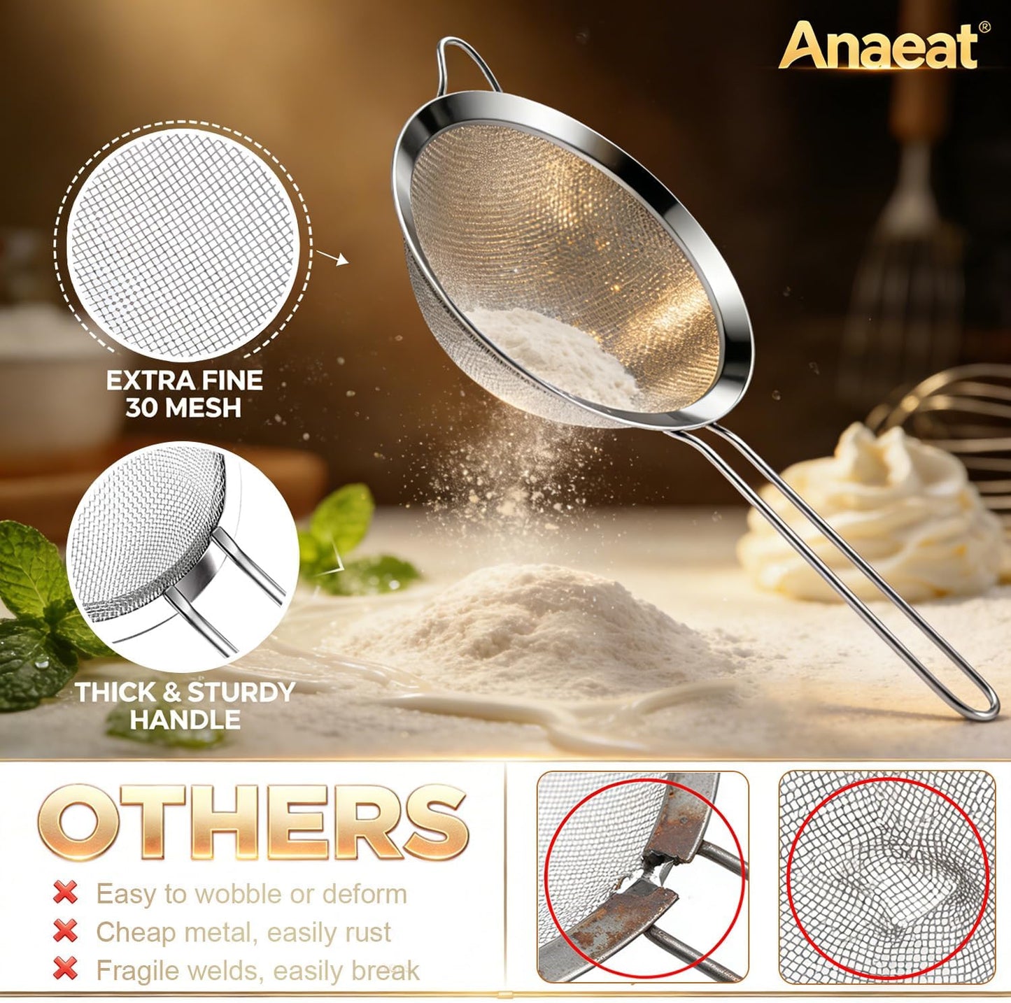 Anaeat Fine Mesh Strainers - Premium Stainless Steel Colander Sieve Sifters, with Durable Mesh and Sturdy Handle, Excellent for Sifting Dry ingredients, Flour, Pastas, Rice, Tea (8.67"）