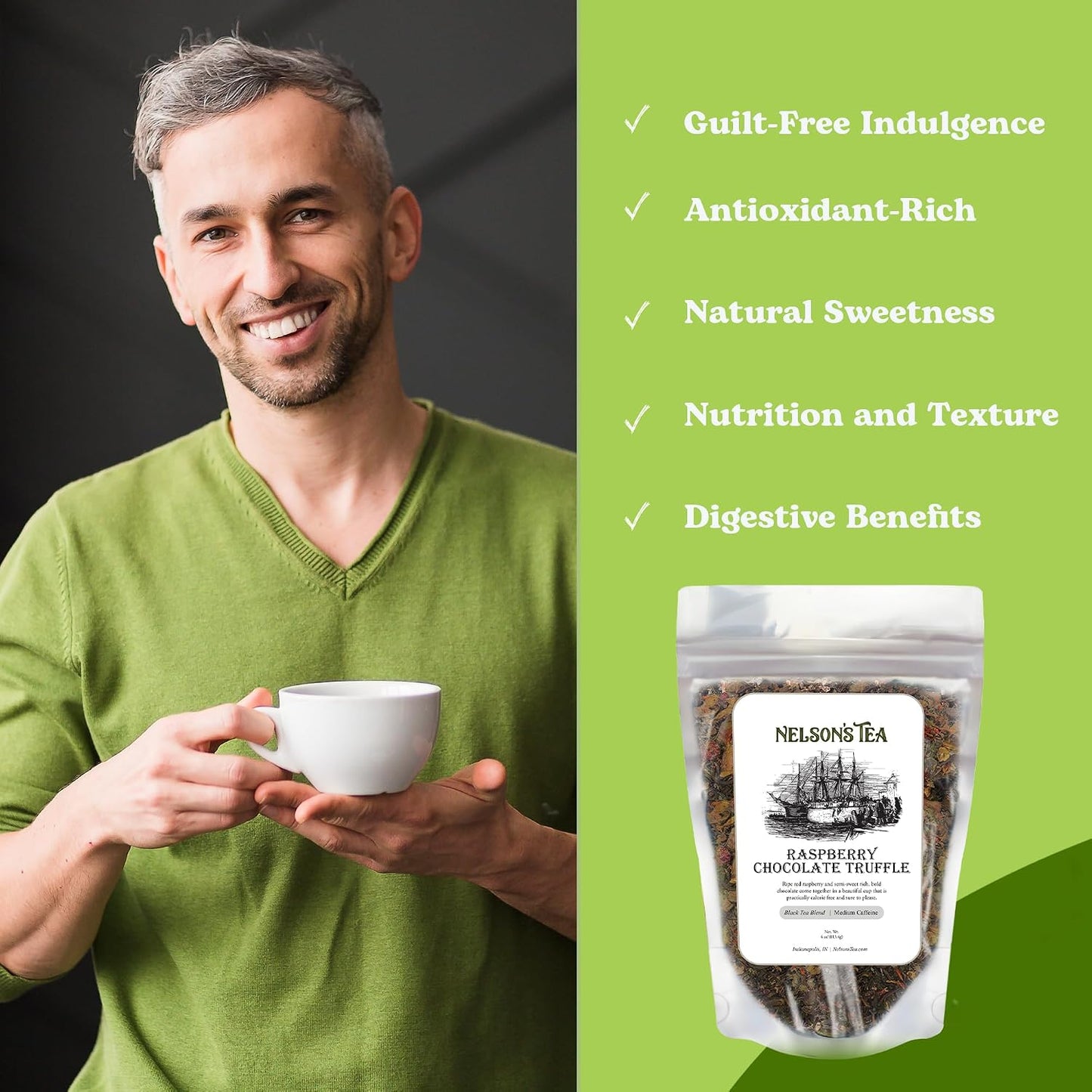 Nelson's Tea Raspberry Chocolate Truffle Leaf Loose Leaf Black Tea, 4 oz | Rooibos • Carob Beans • Hibiscus • Chocolate • Tea • Loose Leaf Tea • Raspberry • Black Tea