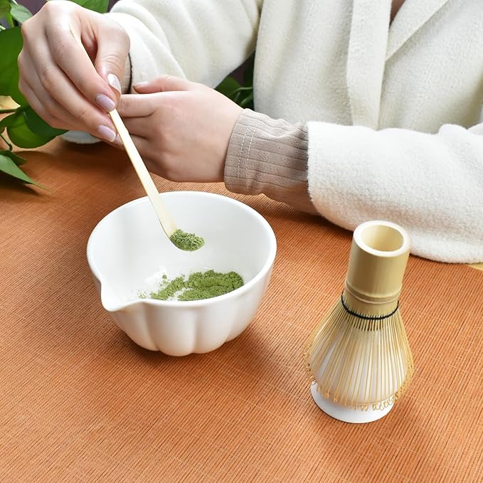 Artcome 4 Pcs Japanese Matcha Tea Set - Matcha Bowl with Pouring Spout, Matcha Whisk, Tea Scoop, Whisk Holder