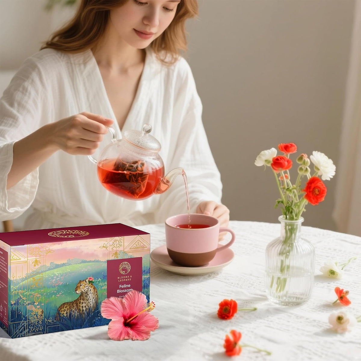 Blooms &amp; Leopard Premium Herbal Tea Bags – Feline Blossom Blend with Hibiscus, Licorice, Fennel, Tulsi &amp; Shatavari – Caffeine-Free Tea – 20 Pyramid Tea Bags, Caffeine-Free for Hot or Iced Tea