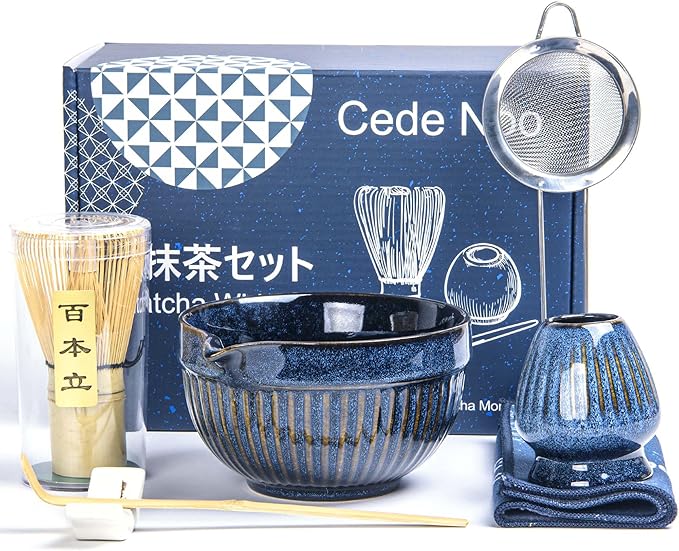 7pcs Matcha Whisk Set with 18oz Spout Bowl, Japanese Tea Ceremony Kit, Natural Bamboo Whisk Scoop, Ceramic Holder Sifter Towel