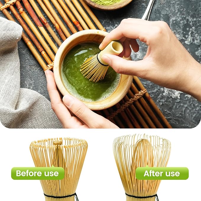 Coanto Matcha Whisk Set - Includes Sifter Bamboo Whisk (Chasen), Tea Spoon, Pink Spoon Holder, Scoop and Whisk Holder, 6pcs (No Bowl Included)