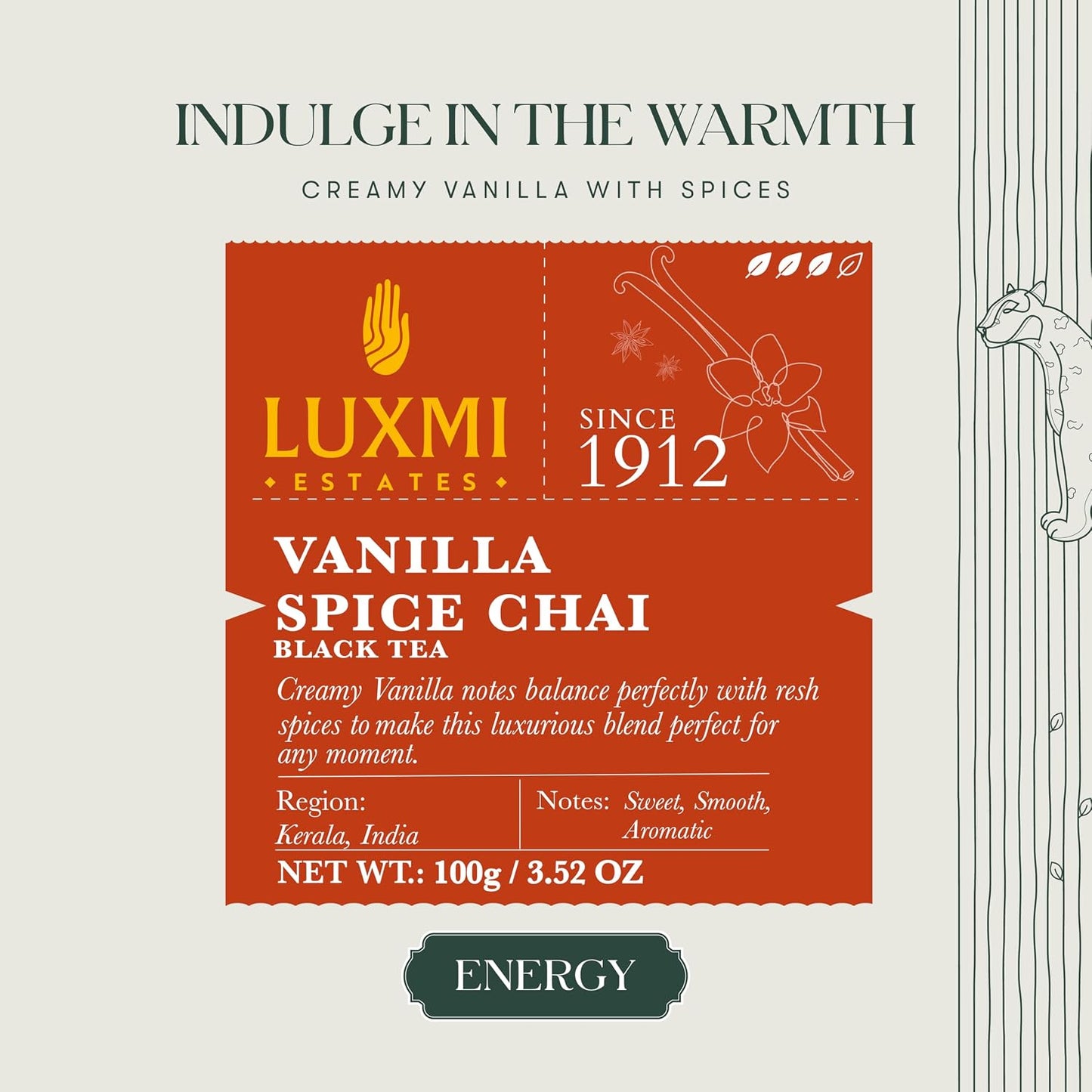 LUXMI Estates Vanilla Spice Chai Loose Leaf Black Tea 100g/3.52oz (50 cups) | Smooth, Flavorful, Robust, Caffeinated