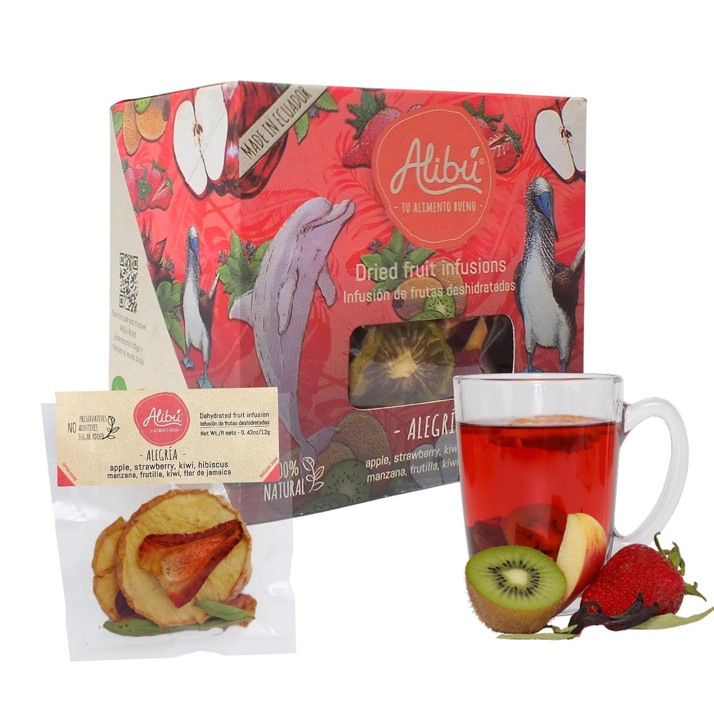 Alibú Dried Fruit Tea Infusions - Alegria - Strawberry, Apple, Kiwi, Hibiscus – Certified Vegan, 100% Natural, Hot or Iced, Caffeine Free, Eat or Drink - Box of 2.12 oz