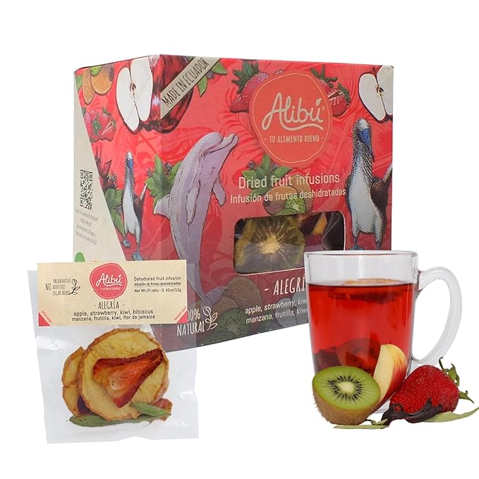 Alibú Dried Fruit Tea Infusions - Alegria - Strawberry, Apple, Kiwi, Hibiscus – Certified Vegan, 100% Natural, Hot or Iced, Caffeine Free