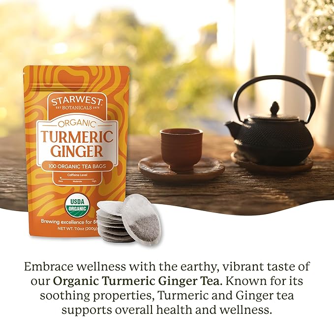 Starwest Botanicals Organic Turmeric Ginger Tea - Caffeine Free Herbal Tea with Turmeric, Cinnamon, & Ginger, Tea with Antioxidant Properties