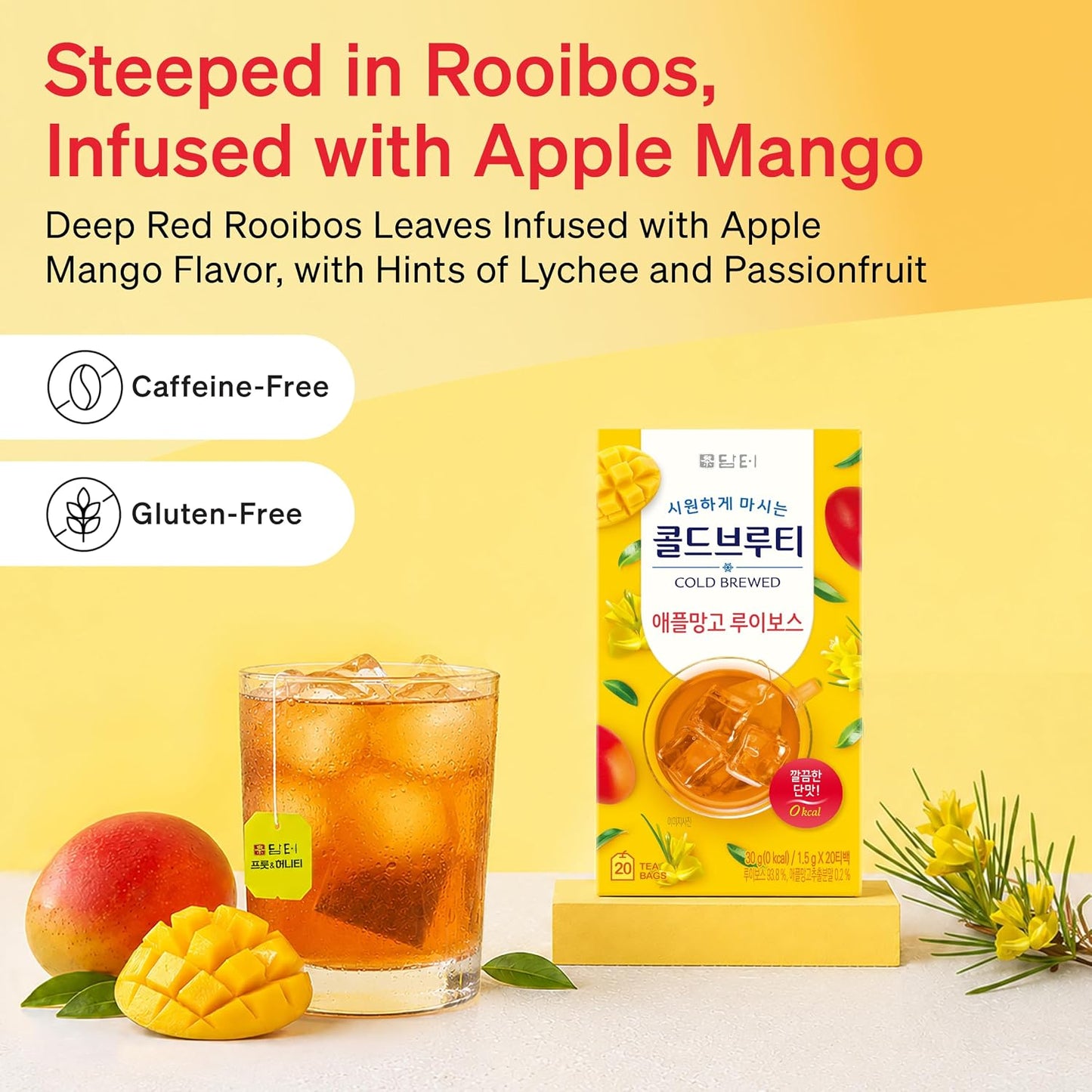 Damtuh Apple Mango Rooibos Cold Brew Tea Bags, Caffeine-Free, 20 Count | Sweet apple and mango with smooth rooibos; zero sugar, zero carbs, sweetened with stevia; cold brew bags