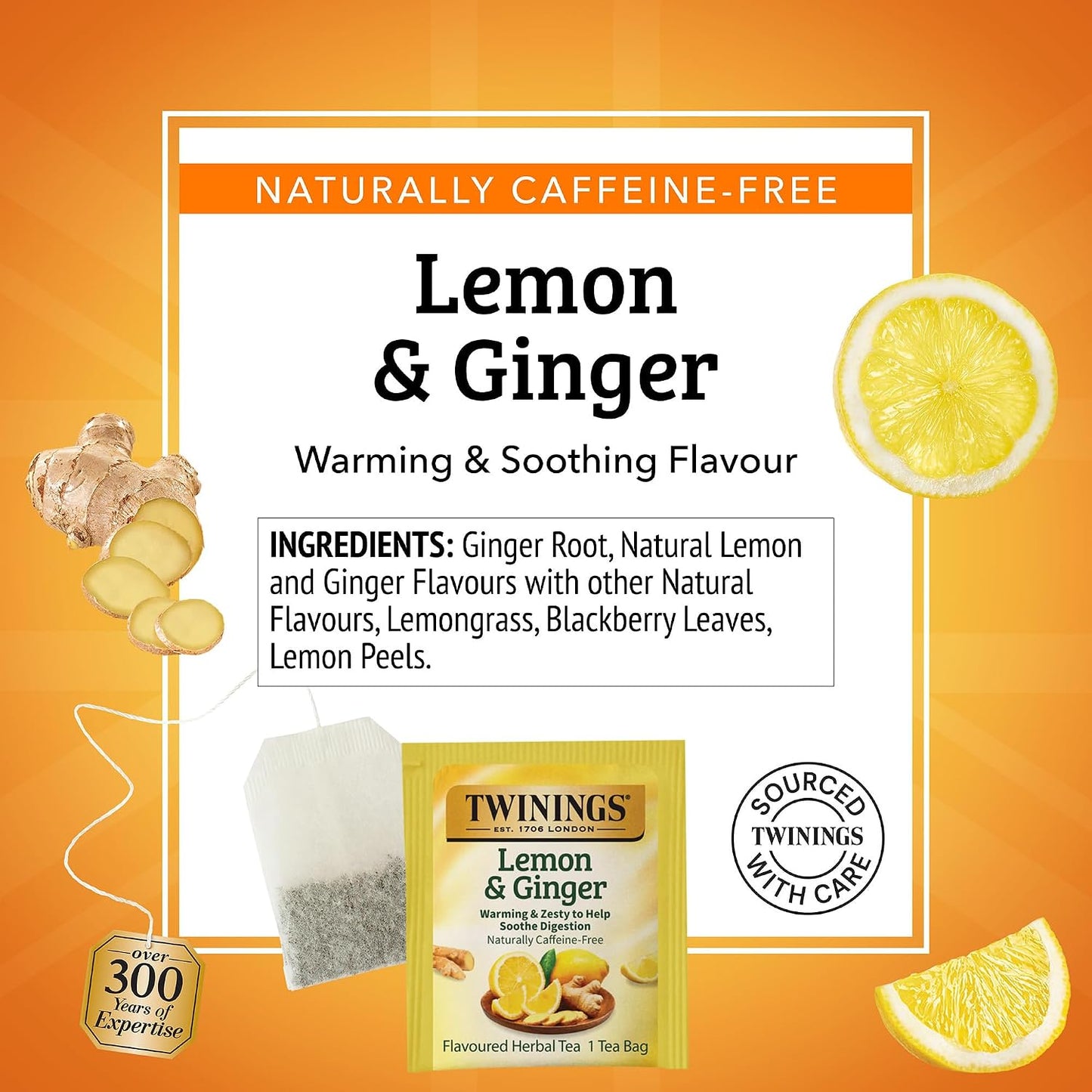 Twinings Lemon &amp; Ginger, Caffeine-Free Herbal Tea Bags, 100 CT Box (1 Pack) | Spicy &amp; Tangy, Ginger, Lemon Peel, Lemongrass, Blackberry Leaves, Soothe Digestion, 100 Foil Lined Individually Wrapped Bags