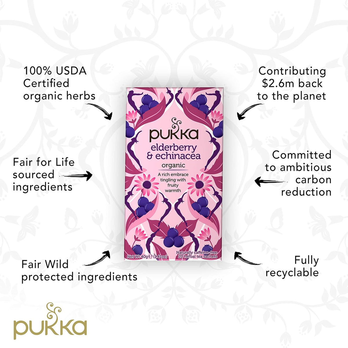 Pukka Elderberry &amp; Echinacea Organic Herbal Tea, Perfect for Wellness Support, Caffeine Free, 20 Total Tea Bags (Pack of 2)