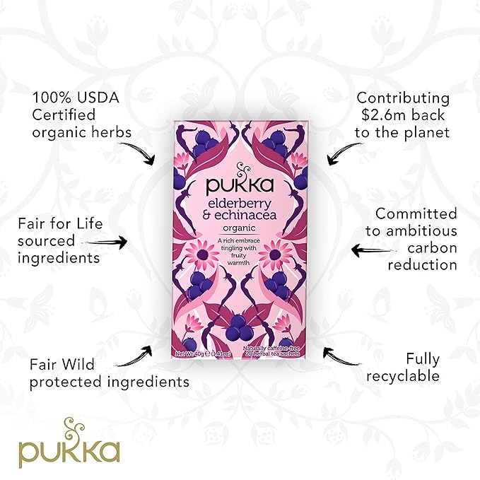 Pukka Elderberry & Echinacea Organic Herbal Tea, Perfect for Wellness Support, Caffeine Free, 20 Total Tea Bags