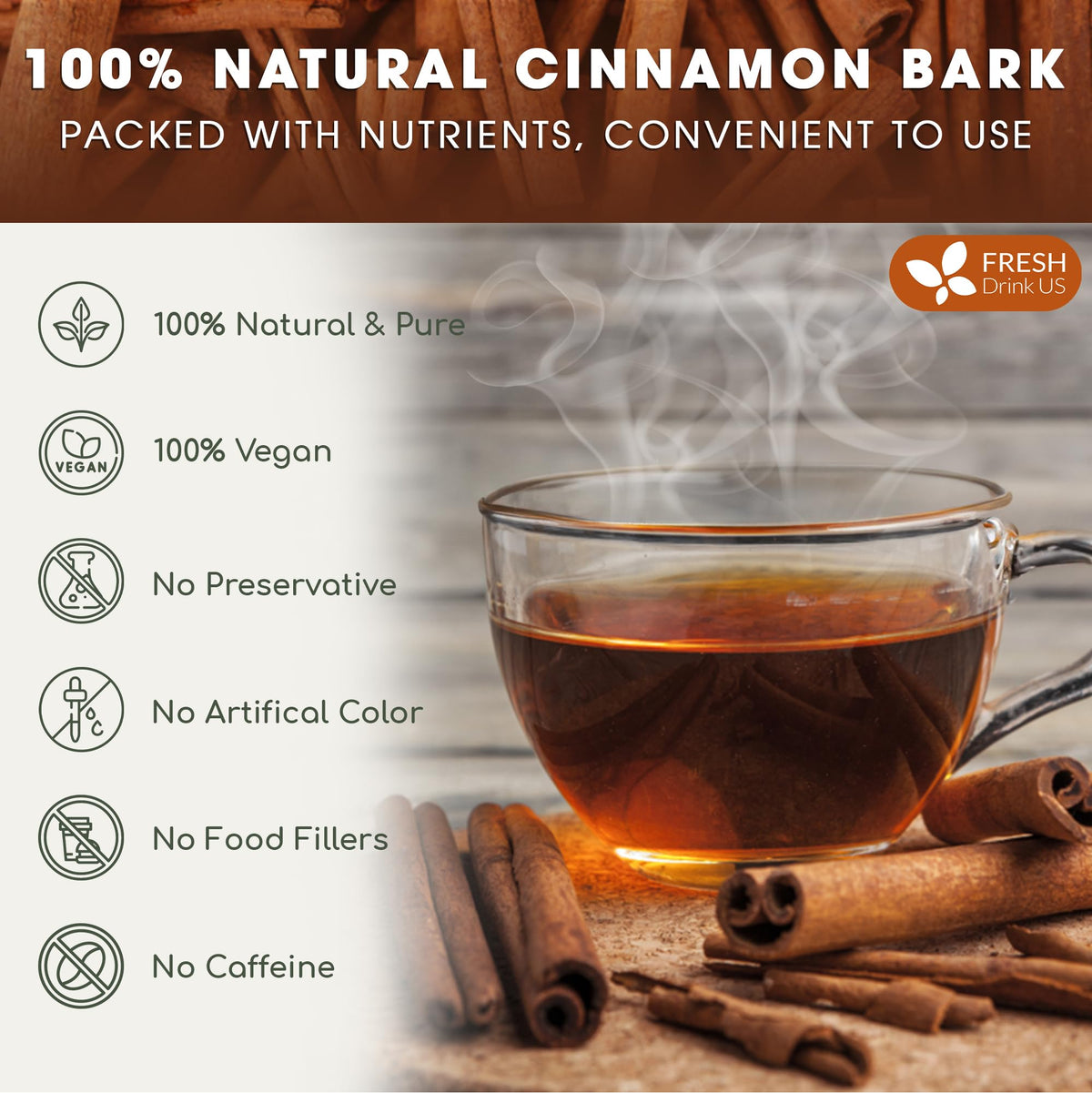 FreshDrinkUS, 75+ Cinnamon Sticks, 2 ¾”, 100% Pure & Natural, Strong Aroma, Great for Baking, Cooking, Beverages & Gift, No