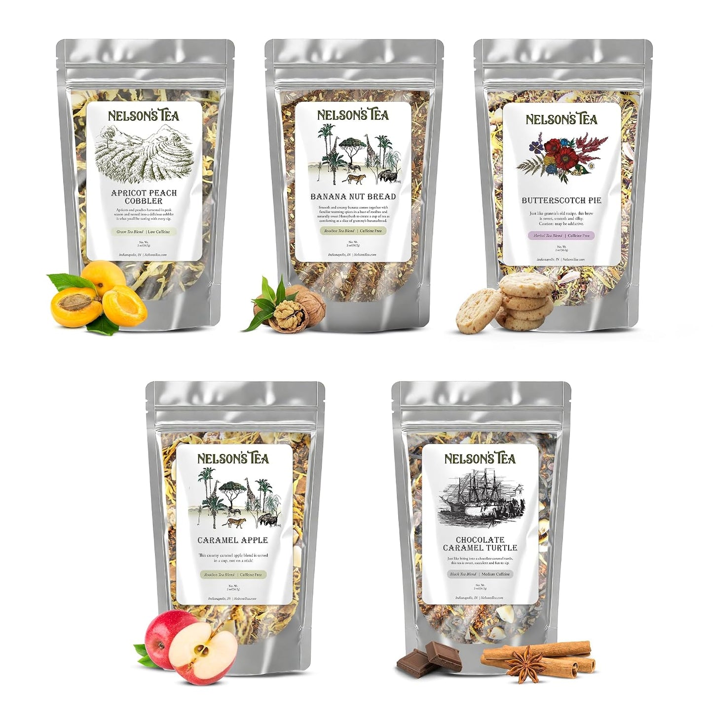 Nelson's Tea Dessert Sampler Pack Apricot Peach Banana Loose Leaf Tea, 2 oz | Apricot Beach Cobbler, Banana Nut Bread, Caramel Apple, Butterscotch Pie, Chocolate Caramel Turtle