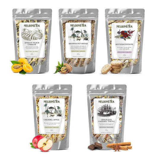 Nelson's Tea Dessert Sampler Pack Apricot Peach Banana Loose Leaf Tea, 2 oz | Apricot Beach Cobbler, Banana Nut Bread, Caramel Apple, Butterscotch Pie, Chocolate Caramel Turtle