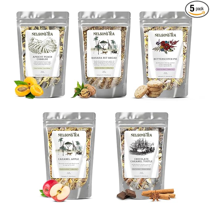 Nelson's Tea Dessert Sampler Pack Tea - Loose Leaf Tea Sampler - Apricot Peach Cobbler, Banana Nut Bread, Butterscotch Pie, Caramel Apple