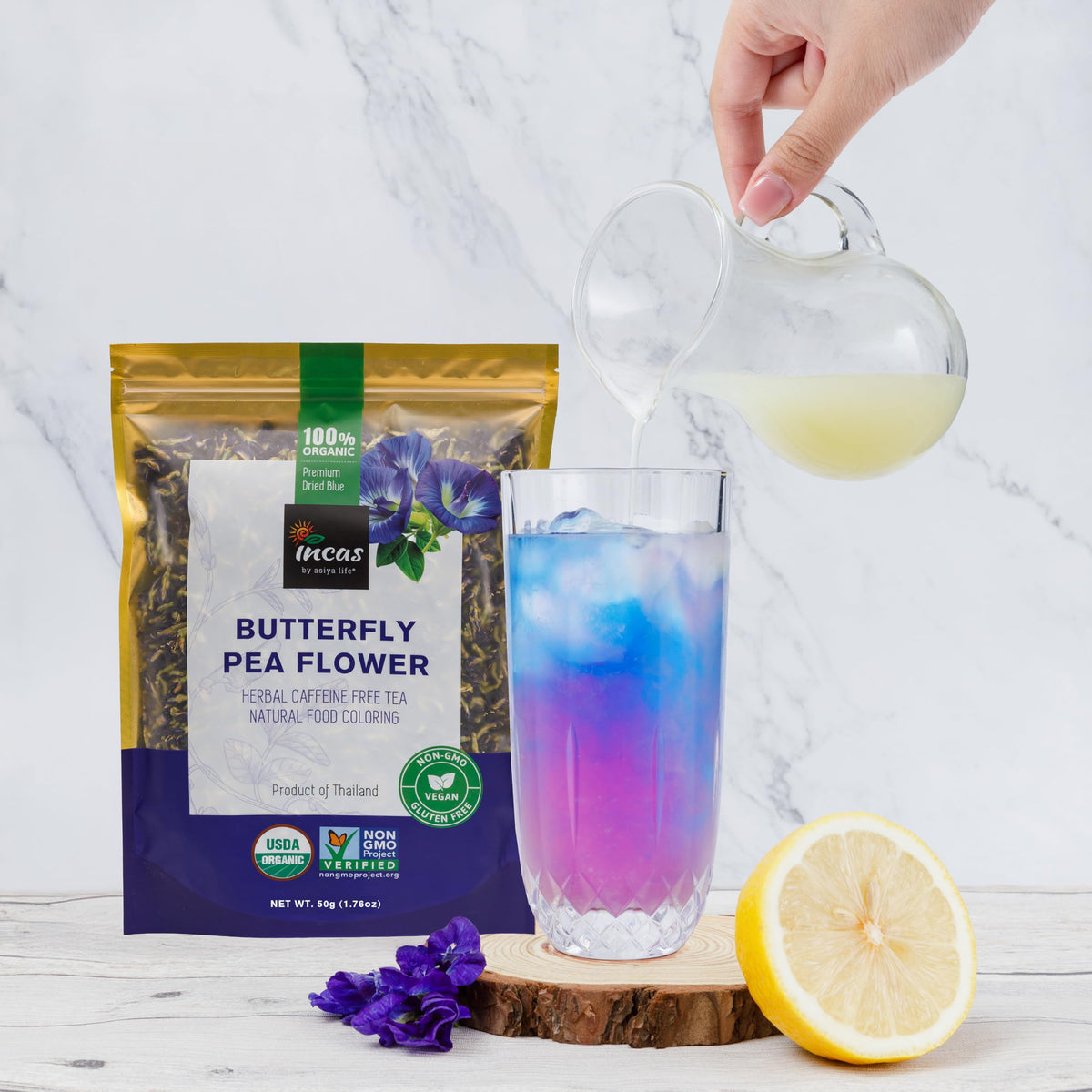 Incas by Asiya Life INCAS USDA Organic Butterfly Pea Flower Tea, Blue Tea, 1.76oz (150+ Cups)